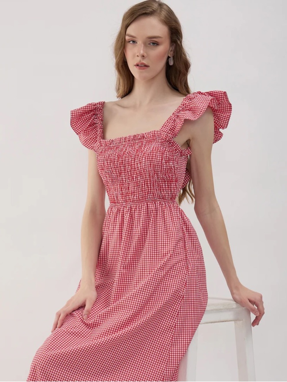Sim and Sam RED GINGHAM SMOCK FLUTTER SLEEVE POPLIN DRESS